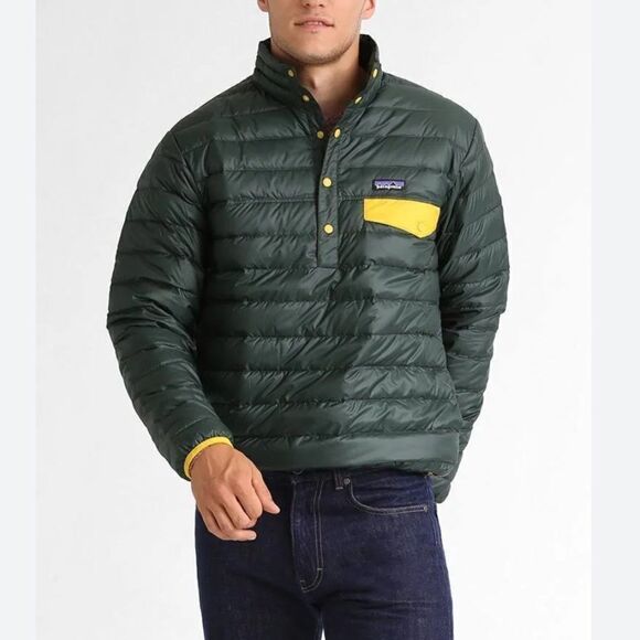 Patagonia Down‎ Snap T Pullover Puffer Coat Jacket Green Yellow Mens XL - Picture 1 of 7